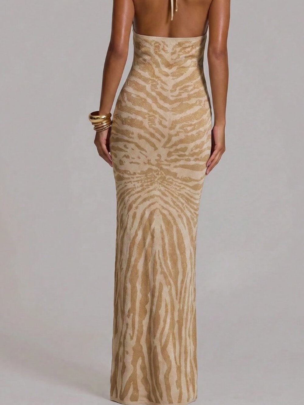 Brown Fitted Knit Halterneck Maxi Women's Dress - Picture 2 of 6